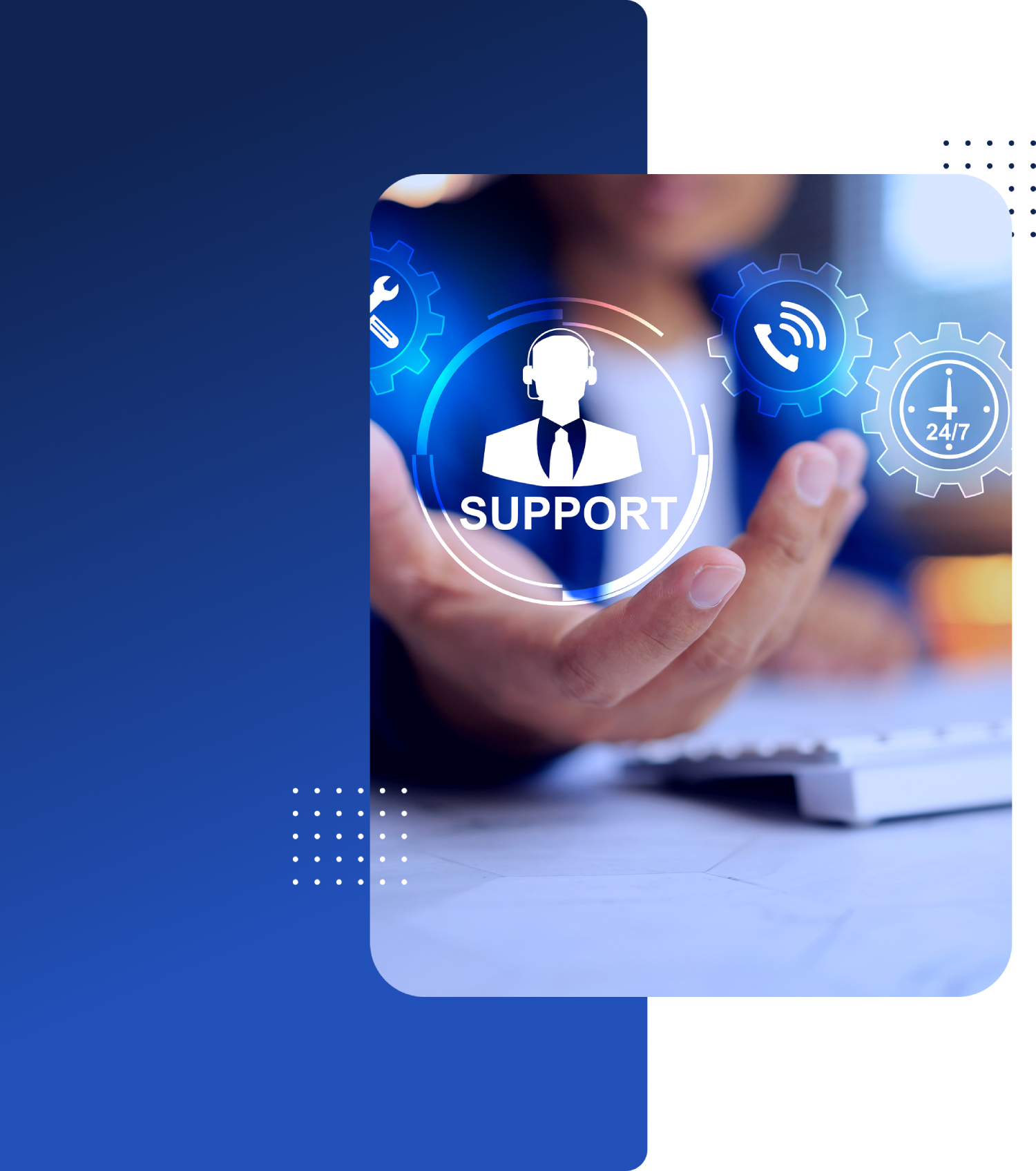 Customer support icons floating above hand.